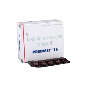 The image shows a box of Predmet 16, which contains Methylprednisolone Tablets IP. The white box features blue and red branding and states it contains 5 strips of 2 x 10 tablets each. In front of the box is a dark blister pack showing round, reddish-brown tablets.