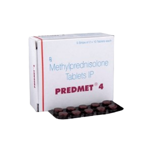 The image shows a box of Predmet 4, which contains Methylprednisolone Tablets IP. The packaging is white with red and blue accents. Similar to the previous version, it includes a dark blister pack of round, reddish-brown tablets. The box specifies it contains 5 strips of 2 x 10 tablets each.