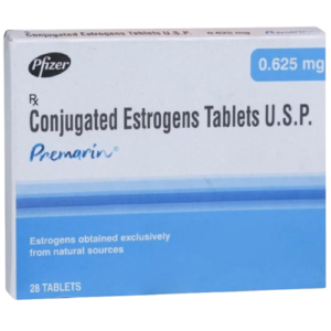 This image features the pharmaceutical packaging for Premarin, a hormone replacement therapy medication manufactured by Pfizer. The white box identifies the generic name as Conjugated Estrogens Tablets U.S.P. with a dosage strength of 0.625 mg highlighted in a blue rounded box. The design includes a gradient blue lower section with text stating "Estrogens obtained exclusively from natural sources" and indicates the pack contains 28 Tablets.