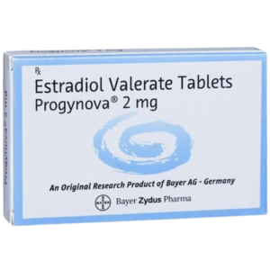 A rectangular white and light blue medicine box for Progynova 2 mg. The text on the box identifies the active ingredient as Estradiol Valerate Tablets. It features a light blue circular swirl graphic in the center and mentions it is an "Original Research Product of Bayer AG - Germany," marketed by Bayer Zydus Pharma.