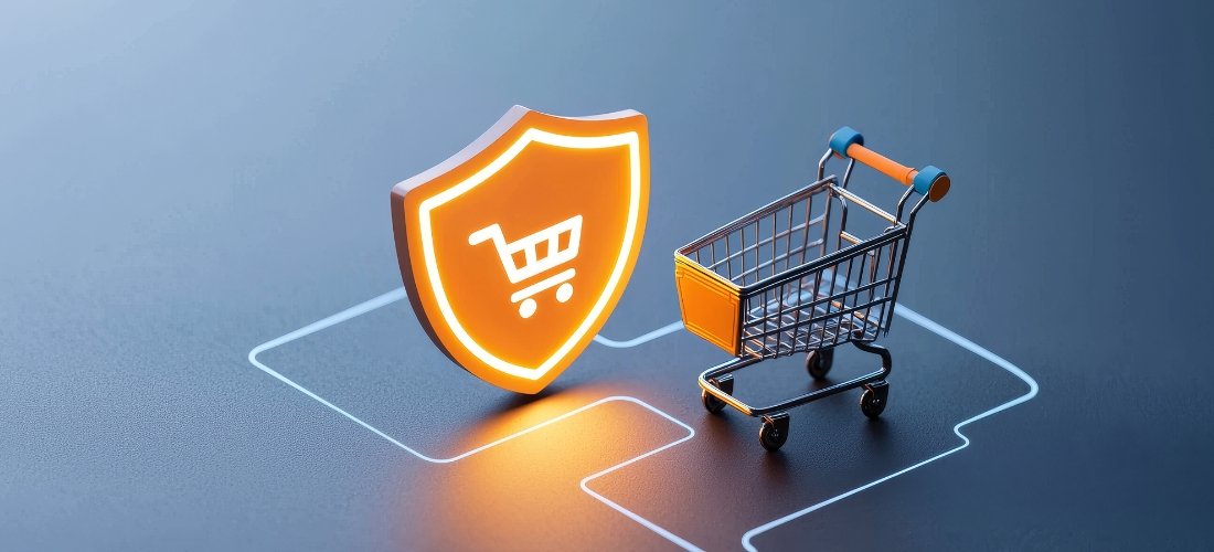 A 3D digital graphic depicts a miniature metal shopping cart positioned next to a glowing orange shield on a dark, textured surface. The shield features a white shopping cart icon in its center and emits a warm light, symbolizing secure online shopping and consumer protection. Thin, white neon-like lines trace a path on the floor around the objects, enhancing the high-tech, digital security theme. The overall composition uses a striking contrast between the cool blue-grey background and the vibrant orange glow of the shield.