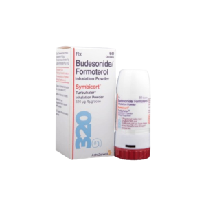 A product image showing the packaging and inhaler for Symbicort Turbuhaler (320/9 mcg dose). The medication, manufactured by AstraZeneca, contains Budesonide and Formoterol. It is used as a maintenance treatment for asthma and to manage chronic obstructive pulmonary disease (COPD) by reducing airway inflammation and keeping air passages open.