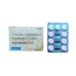 The Box: On the left, the packaging identifies the medication as "Artesunate, Sulphadoxine & Pyrimethamine Combikit." It features the brand name "MONONATE DS" in bold black and red lettering and the manufacturer's logo, "AdamasLEO," in a blue box at the bottom. The Blister Pack: On the right, the silver foil pack contains nine tablets organized for a three-day course: Day 1: Three white tablets., Day 2: Three pink tablets., Day 3: Three pink tablets.