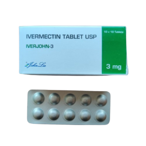 A product shot featuring a white medicine box for IVERJOHN-3 and a silver blister pack containing 10 round tablets. The box identifies the medication as IVERMECTIN TABLET USP 3 mg, manufactured by John Lee. The design includes a bright green rectangular section on the right side of the box and specifies a quantity of "10 x 10 Tablets" in the top right corner.