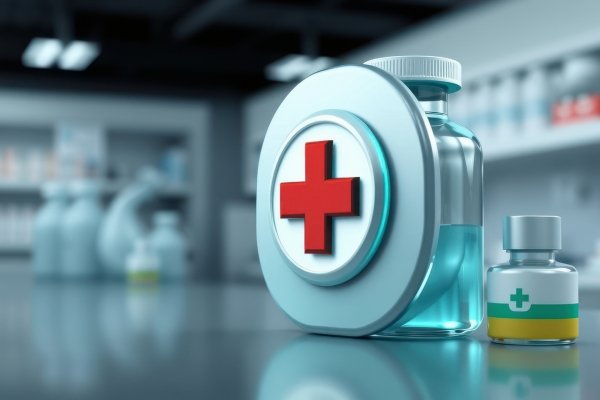 3D medical icon featuring a red cross shield in front of medicine glass vials in a pharmacy setting.