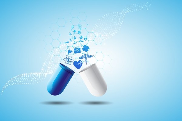 Conceptual digital art of an open blue and white medicine capsule releasing healthcare icons.