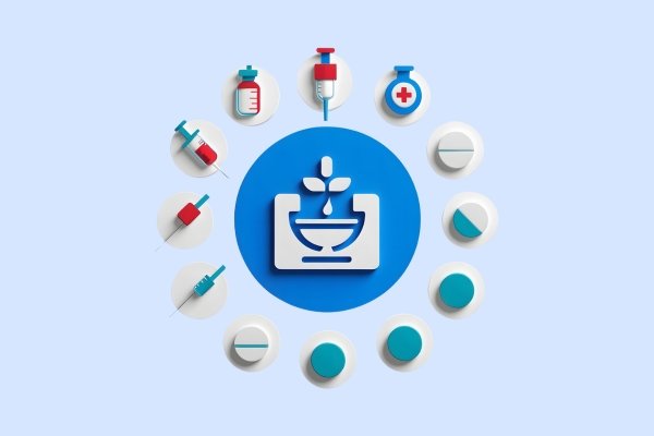 A 3D medical infographic features a central blue circle containing a white icon of a mortar and pestle with leaves, symbolizing pharmacy or natural medicine. Arranged in a circle around this center are twelve smaller white discs, each containing a different medical icon in shades of blue, red, and white. These icons include various types of syringes, medicine bottles, and different styles of pills and tablets. The entire composition is set against a solid light blue background with soft shadows, creating a clean, professional, and organized clinical aesthetic.