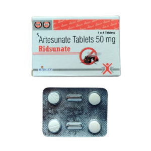 A product image featuring a white rectangular box for Ridsunate above a small silver blister pack containing four round white tablets. The box identifies the medication as Artesunate Tablets 50 mg, manufactured by Ridley. The packaging includes a red banner at the top, a "1 x 4 Tablets" quantity marker, and a graphic of a mosquito inside a red prohibition sign, indicating its use as an antimalarial treatment.