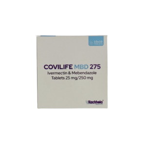 A white medicine box for COVILIFE MBD 275 is shown against a plain light background. The packaging prominently lists the combination of Ivermectin & Mebendazole Tablets with strengths of 25 mg / 250 mg. The brand name is printed in a bold purple and blue font. In the top right corner, a blue label indicates the quantity as 10x10 TABLETS. The manufacturer's logo, Kachhela Medex Pvt Ltd, is located in the bottom right corner.