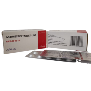 A product shot showing two white medicine boxes for IVERJOHN-12 and a silver blister pack of tablets. The box on the left shows the front face, identifying the medicine as IVERMECTIN TABLET USP 12 mg, manufactured by John Lee. The box on the right shows the back panel with composition details and a large barcode. Both boxes feature a prominent red rectangular section on the right side.