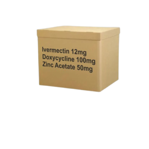 This image shows a cardboard box with the following medication details printed in bold black text: Ivermectin 12 mg, Doxycycline 100 mg, Zinc Acetate 50 mg