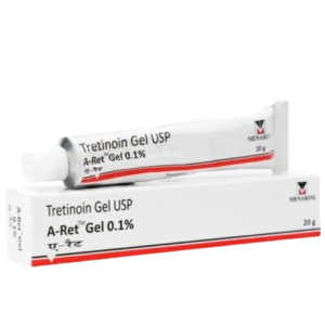 A product shot featuring a white squeeze tube of A-Ret Gel resting on its matching white rectangular box. Both the tube and the box identify the medicine as Tretinoin Gel USP 0.1%. The packaging features a red horizontal stripe along the bottom and the Menarini company logo on the right side. The box also indicates a net weight of 20 g and includes the brand name written in Hindi script.