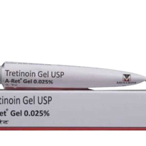 A product shot showing a white squeeze tube of A-Ret Gel resting on top of its matching white rectangular box. Both the tube and the box identify the medicine as Tretinoin Gel USP 0.025%. The manufacturer's logo, Menarini, is visible on the right side of both packages. The box also indicates a net weight of 20 g and includes the brand name written in Hindi script.