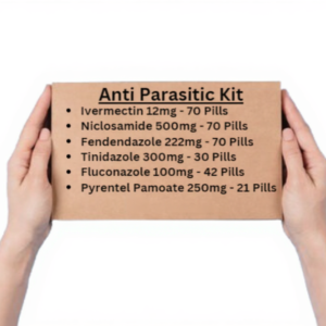 This image shows a cardboard box labeled "Anti Parasitic Kit" listing the medicines inside, along with their dosages and quantities: Ivermectin 12 mg – 70 pills, Niclosamide 500 mg – 70 pills, Fenbendazole 222 mg – 70 pills, Tinidazole 300 mg – 30 pills, Fluconazole 100 mg – 42 pills ,Pyrantel Pamoate 250 mg – 21 pills