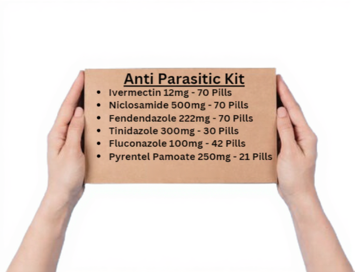 This image shows a cardboard box labeled "Anti Parasitic Kit" listing the medicines inside, along with their dosages and quantities: Ivermectin 12 mg – 70 pills, Niclosamide 500 mg – 70 pills, Fenbendazole 222 mg – 70 pills, Tinidazole 300 mg – 30 pills, Fluconazole 100 mg – 42 pills ,Pyrantel Pamoate 250 mg – 21 pills