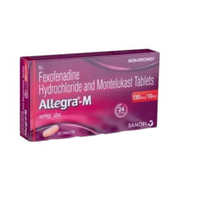 A rectangular purple with shaded box containing 30 tablets of Allegra-M.