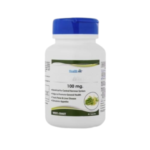 The image features a white plastic medicine bottle with a prominent blue flip-top cap, manufactured by West-Coast under the HealthVit brand. The label indicates a dosage of 100 mg and contains 60 capsules. According to the packaging, the supplement is intended to be beneficial for the central nervous system, promote general health, treat fever and liver disease, and stimulate appetite. A small circular graphic on the bottom right of the label depicts a green herbal plant, suggesting a natural or botanical composition.