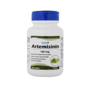 A white plastic supplement bottle of Artemisinin 100 mg by Healthvit. The bottle features a bright blue flip-top cap and a label with green and white accents. The label highlights several claimed benefits, including support for the central nervous system, general health, and liver disease. It also contains an illustration of the Artemisia plant and indicates the bottle holds 60 capsules.