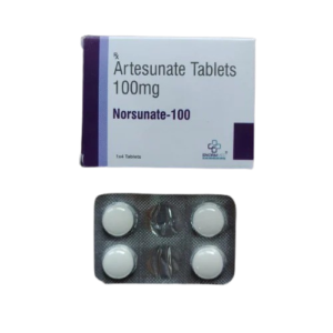 The Box: A white and purple box labeled Artesunate Tablets 100mg. The brand name Norsunate-100 is printed in bold purple text. The bottom right features the ENORM logo, and the bottom left indicates the pack contains 1x4 Tablets. The Blister Pack: A silver foil pack containing four round white tablets.