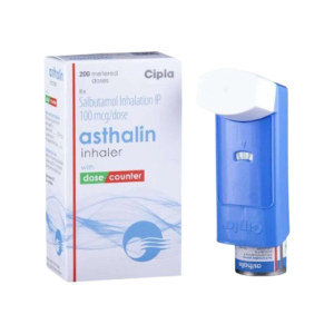 A product image featuring the box and a blue Asthalin inhaler by Cipla, containing 200 metered doses. This Salbutamol (100 mcg per dose) inhaler is a bronchodilator used as a "rescue" medication to quickly relieve symptoms of asthma and COPD, such as wheezing and shortness of breath, by relaxing the muscles in the airways. The device includes a built-in dose counter to track remaining medication.