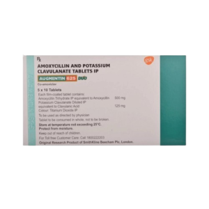 The image shows the side panel of a medicine box for Augmentin 625 Duo, which contains Amoxycillin and Potassium Clavulanate Tablets IP. The white packaging features a teal vertical band on the right and the GSK logo at the top. The text specifies that each tablet contains 500 mg of Amoxycillin and 125 mg of Clavulanic Acid. The box indicates a quantity of 5 x 10 Tablets.