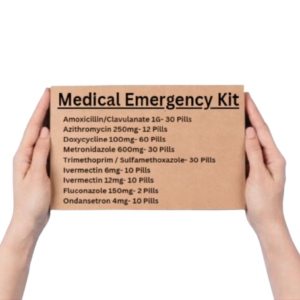 The box is held by two hands against a plain white background, and the text is printed in a clear, bold black font. The kit appears to be a curated collection of various antibiotics, antiparasitics, and other supportive medications.