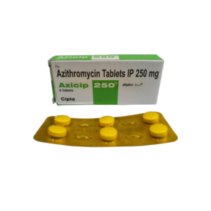 A white and green box of Azicip-250 tablets by Cipla, shown with a blister pack containing six yellow round-shaped pills.