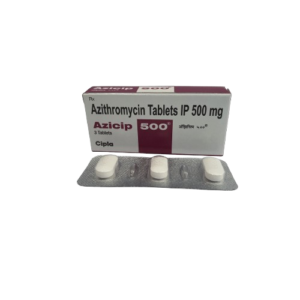 The box is primarily white with a maroon section on the right, displaying the brand name and dosage. Below the box is a silver foil blister pack containing three white, oval-shaped tablets. The background is a clean, solid white.