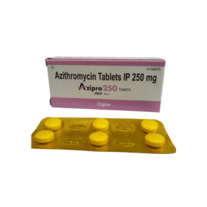 A white and pink box of Azipro 250 tablets by Cipla, shown with a blister pack containing six yellow round-shaped pills.