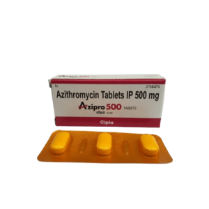 A white and red box of Azithromycin Tablets IP 500mg by Cipla , shown with a blister pack of 3 Tablets.