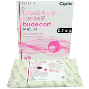 A product image showing a box and a foil pouch of Budecort respules (0.5 mg) by Cipla. This Budesonide Nebuliser Suspension is a preservative-free corticosteroid used for inhalation via a nebulizer to reduce inflammation in the airways, helping to prevent and manage asthma symptoms and other respiratory conditions.