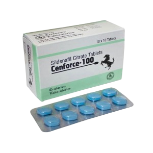 A box of Cenforce-100 (Sildenafil Citrate Tablets) by Centurion Laboratories, featuring a green and white design with a black horse logo, alongside a blister pack of 10 blue diamond-shaped pills.