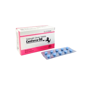A box of Cenforce-50 Sildenafil Citrate tablets next to a blister pack of ten blue pills.