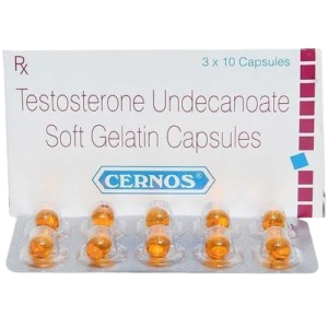 Cernos Testosterone Undecanoate Soft Gelatin Capsules white box and silver blister pack of ten amber-colored liquid capsules.