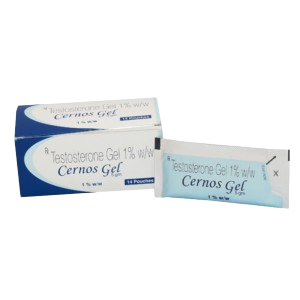 Cernos Gel Testosterone Gel 1% w/w box and individual 5g sachet for hormone replacement therapy.