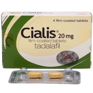 Cialis 20mg Tadalafil film-coated tablets box with a blister pack containing two yellow almond-shaped pills for Erectile Dysfunction (ED) relief.