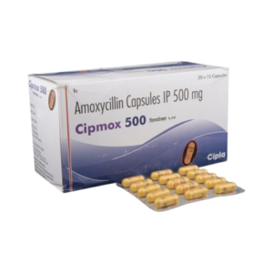 Gemini said The image shows a box of Cipmox 500, which contains Amoxycillin Capsules IP 500 mg. The packaging is white with blue and grey wavy graphics and features the Cipla brand logo. In front of the box is a blister pack containing yellow capsules. The box indicates a quantity of 20×15 capsules.