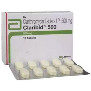 This image showcases a box and a blister pack of Claribid 500, which are Clarithromycin Tablets I.P. in a 500 mg dosage. The box is primarily white with green accents, featuring the Abbott logo prominently. It indicates that the package contains 10 Tablets. In front of the box is a silver foil blister pack containing ten light-colored, oval-shaped tablets.