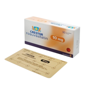 Gemini said A product box and blister pack for Crestor, containing Rosuvastatin 10 mg. The white and orange box specifies that it contains 30 film-coated tablets and features the AstraZeneca logo. In the foreground is a yellow blister pack printed with a calendar-style tracking system, labeling the days of the week to assist with daily dosage management.
