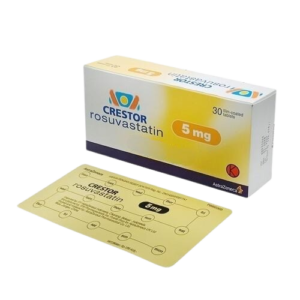 Gemini said A product box and blister pack for Crestor, which contains Rosuvastatin 5 mg. The box is white and yellow with the AstraZeneca logo, noting it contains 30 film-coated tablets. In the foreground, a yellow blister pack is shown with a printed calendar-style layout featuring days of the week to help track daily dosage.