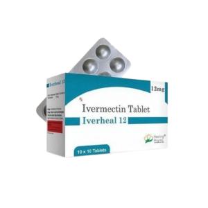 The image displays the packaging and a silver blister pack for Iverheal 12, a medication containing 12 mg of Ivermectin. The box is primarily white with teal accents and clearly lists the generic name "Ivermectin Tablet" and the brand name "Iverheal 12." It is manufactured by Healing Pharma and contains 10 x 10 tablets, as indicated by the blue tab at the bottom. The "Rx" symbol on the box signifies that it is a prescription-only medication.