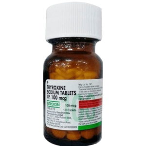 A small amber glass bottle with a white ribbed screw-cap, containing Thyroxine Sodium Tablets I.P. 100 mcg. The label displays the brand name ELTROXIN in green text and indicates the bottle contains 60 tablets. It specifies the manufacturer as GlaxoSmithKline Pharmaceuticals Limited and includes a large, pale yellow "100" printed in the background of the dosage section