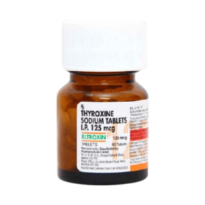 A small amber glass bottle with a white ribbed screw-cap, containing Thyroxine Sodium Tablets I.P. 125 mcg. The label displays the brand name ELTROXIN in green text and indicates the bottle contains 60 tablets. It specifies the manufacturer as GlaxoSmithKline Pharmaceuticals Limited and includes a large, pale yellow "125" printed in the background of the dosage section.