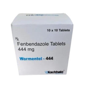 A product box for Wormentel-444, containing Fenbendazole Tablets 444 mg. The white packaging features the brand name in blue and black text, specifying a quantity of "10 x 10 Tablets." The manufacturer name, "Kachhela," is visible at the bottom right corner of the box.