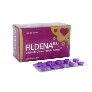 Fildena 100mg Sildenafil Citrate tablets purple box and gold blister pack of small purple pills for ED relief.