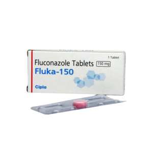 Fluka-150 Fluconazole Tablets 150mg by Cipla, white box with blue text and a single pink antifungal pill in a silver blister pack.