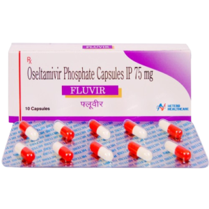 A white and purple box of FLUVIR (Oseltamivir Phosphate Capsules IP 75 mg) by Hetero Healthcare, shown with a blister pack of 10 red and white capsules.
