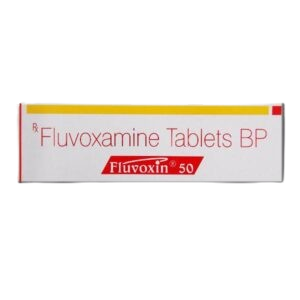 The image shows the side of a medicine box for Fluvoxin 50, which contains Fluvoxamine Tablets BP. The packaging is white with a yellow horizontal stripe across the top and red branding. The name "Fluvoxin 50" is displayed in white text inside a red trapezoidal shape.