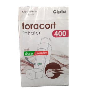 A product image of the Foracort 400 inhaler box by Cipla, containing 120 metered doses. This inhaler combines Formoterol and Budesonide to help manage and prevent symptoms of asthma and chronic obstructive pulmonary disease (COPD) by reducing inflammation and opening the airways. The packaging highlights a built-in dose counter for tracking remaining medication.