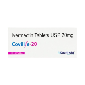 The image shows the front of a white rectangular medicine box for Covilife-20, which contains Ivermectin Tablets USP 20mg. The generic name and dosage are printed in black at the top, while the brand name "Covilife-20" is prominently displayed in a blue and pink stylized font. A pink tab in the bottom left corner indicates a quantity of 10 x 10 Tablets, and the manufacturer's logo for Kachhela Medex Pvt Ltd is featured on the bottom right.